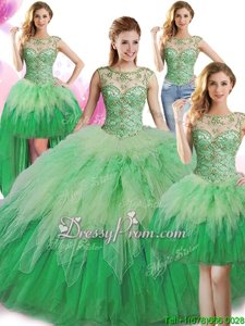 Green Ball Gowns Scoop Sleeveless Tulle Floor Length Lace Up Beading and Ruffles Quinceanera Gowns