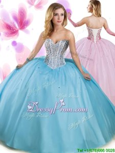 Smart Floor Length Aqua Blue 15th Birthday Dress Sweetheart Sleeveless Lace Up