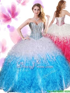 Dynamic Floor Length Lace Up Quinceanera Dress White and Baby Blue and In forMilitary Ball and Sweet 16 and Quinceanera withBeading and Ruffles