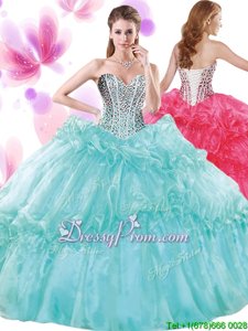 Glittering Turquoise Ball Gowns Organza Sweetheart Sleeveless Beading and Pick Ups Floor Length Lace Up Quinceanera Dresses