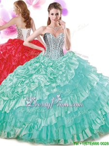 Spectacular Turquoise Sleeveless Beading and Ruffled Layers and Pick Ups Floor Length Quinceanera Dresses