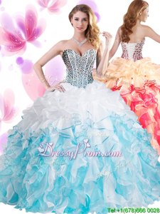 Customized White and Blue and Blue And White Ball Gowns Sweetheart Sleeveless Organza Floor Length Lace Up Beading and Ruffles 15th Birthday Dress