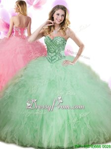 Unique Apple Green Ball Gowns Tulle Sweetheart Sleeveless Beading and Ruffles Floor Length Lace Up Quince Ball Gowns