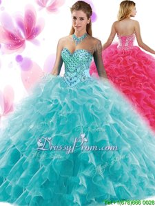 High End Teal Ball Gowns Beading and Ruffles Sweet 16 Dresses Lace Up Organza Sleeveless Floor Length