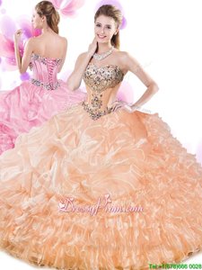 Luxury Orange Sweetheart Lace Up Beading and Ruffled Layers and Pick Ups Quince Ball Gowns Sleeveless