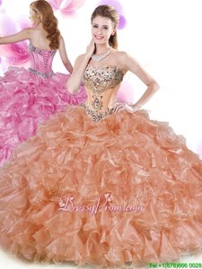 Superior Rust Red Sweetheart Neckline Beading and Ruffles 15th Birthday Dress Sleeveless Lace Up