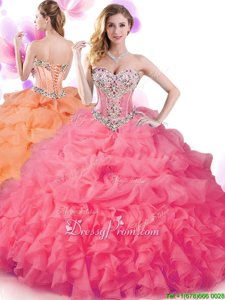 Sexy Sleeveless Floor Length Beading and Ruffles and Pick Ups Lace Up 15 Quinceanera Dress with Hot Pink