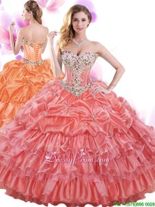 Attractive Coral Red Sleeveless Floor Length Beading and Ruffled Layers and Pick Ups Lace Up Sweet 16 Quinceanera Dress