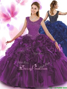 Low Price Dark Purple Ball Gowns Organza Scoop Sleeveless Beading and Ruffles Floor Length Zipper 15th Birthday Dress