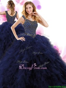 Most Popular Beading and Ruffles Quince Ball Gowns Navy Blue Zipper Sleeveless Floor Length