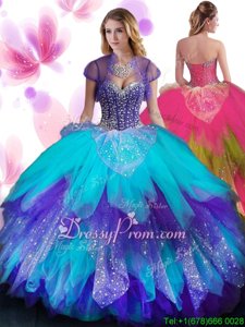 Suitable Sleeveless Floor Length Beading and Ruffled Layers Lace Up Quinceanera Gowns with Multi-color