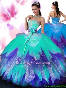Wonderful Sweetheart Sleeveless 15 Quinceanera Dress Floor Length Appliques and Ruffled Layers and Hand Made Flower Multi-color Tulle