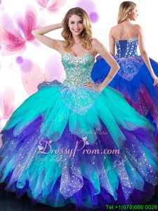 Perfect Sweetheart Sleeveless Vestidos de Quinceanera Floor Length Beading and Ruffles Multi-color Tulle