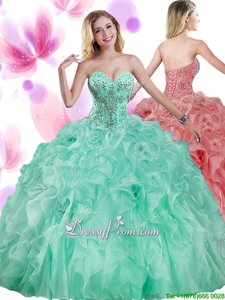 Custom Fit Turquoise Sleeveless Organza Lace Up 15 Quinceanera Dress forMilitary Ball and Sweet 16 and Quinceanera