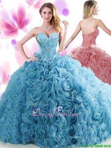 Fancy Blue Ball Gowns Sweetheart Sleeveless Organza Floor Length Lace Up Beading and Ruffles Vestidos de Quinceanera