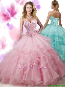 Artistic Pink Organza Lace Up Sweetheart Sleeveless Floor Length Sweet 16 Quinceanera Dress Beading and Ruffled Layers