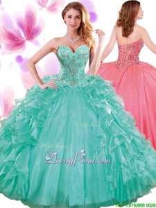 Best Floor Length Lace Up Vestidos de Quinceanera Turquoise and In forMilitary Ball and Sweet 16 and Quinceanera withBeading and Ruffles and Pick Ups
