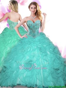 Comfortable Sweetheart Sleeveless 15 Quinceanera Dress Floor Length Beading Turquoise Organza