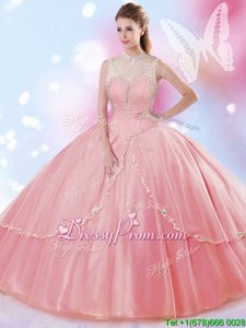 Fashion Rose Pink Ball Gowns Beading Sweet 16 Dress Lace Up Tulle Sleeveless Floor Length
