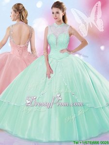 On Sale Apple Green Sleeveless Tulle Lace Up Vestidos de Quinceanera forMilitary Ball and Sweet 16 and Quinceanera