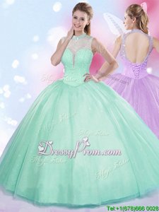 Discount Apple Green Lace Up High-neck Beading Quinceanera Gowns Tulle Sleeveless
