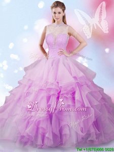 Pretty Lilac Lace Up Quince Ball Gowns Beading and Ruffles Sleeveless Floor Length