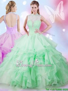 Cute Floor Length Apple Green Sweet 16 Dresses High-neck Sleeveless Lace Up