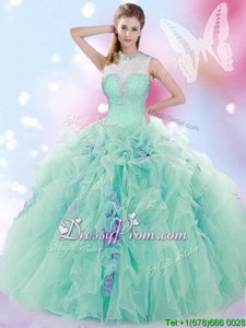Suitable Sleeveless Tulle Floor Length Lace Up 15 Quinceanera Dress inApple Green forSpring and Summer and Fall and Winter withBeading and Ruffles