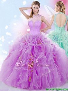 On Sale Sleeveless Tulle Floor Length Lace Up 15 Quinceanera Dress inLilac forSpring and Summer and Fall and Winter withBeading and Ruffles