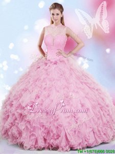 Glorious Rose Pink Sleeveless Beading and Ruffles Floor Length Ball Gown Prom Dress