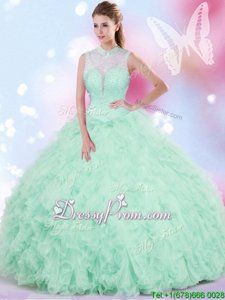 Inexpensive Apple Green High-neck Neckline Beading and Ruffles Quinceanera Dress Sleeveless Lace Up