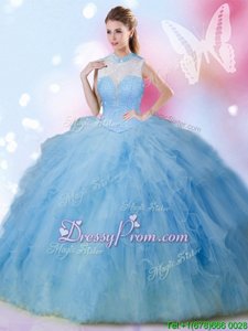 Modern Baby Blue Lace Up High-neck Beading and Ruffles 15th Birthday Dress Tulle Sleeveless