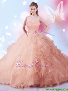Flirting Peach Tulle Lace Up 15 Quinceanera Dress Sleeveless Floor Length Beading and Ruffles