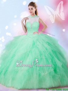 Clearance Floor Length Apple Green Sweet 16 Quinceanera Dress Tulle Sleeveless Spring and Summer and Fall and Winter Beading and Ruffles