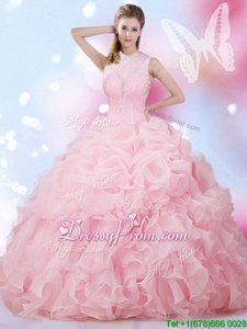Fantastic Floor Length Baby Pink Quinceanera Gown High-neck Sleeveless Lace Up