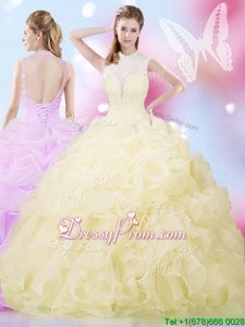 Edgy Floor Length Light Yellow Quinceanera Gown Organza Sleeveless Spring and Summer and Fall and Winter Beading and Ruffles and Pick Ups
