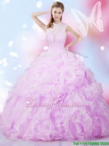 Sumptuous Lilac Ball Gowns Organza High-neck Sleeveless Beading and Ruffles and Pick Ups Floor Length Lace Up Ball Gown Prom Dress