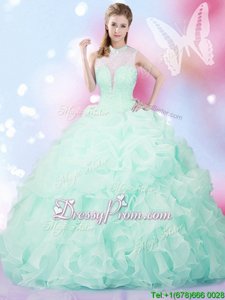 Fitting Organza High-neck Sleeveless Lace Up Beading and Ruffles and Pick Ups Ball Gown Prom Dress inApple Green