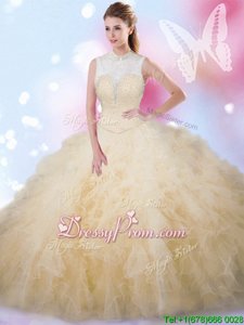 Fine Sleeveless Tulle Floor Length Lace Up Sweet 16 Dress inChampagne forSpring and Summer and Fall and Winter withBeading and Ruffles