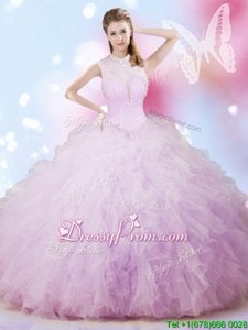 Colorful Lavender High-neck Neckline Beading and Ruffles Quinceanera Gowns Sleeveless Lace Up