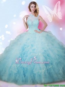Flirting Baby Blue Tulle Lace Up Sweet 16 Quinceanera Dress Sleeveless Floor Length Beading and Ruffles