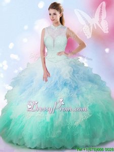 Luxury Sleeveless Floor Length Beading and Ruffles Lace Up Quinceanera Gowns with Multi-color