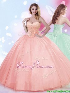 Exceptional Pink Tulle Lace Up Sweetheart Sleeveless Floor Length Ball Gown Prom Dress Beading