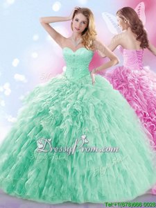 Dynamic With Train Ball Gowns Sleeveless Apple Green 15th Birthday Dress Brush Train Lace Up