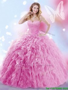 Dramatic Rose Pink Ball Gowns Beading and Ruffles Quinceanera Dresses Lace Up Tulle Sleeveless With Train