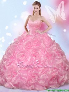 Hot Sale Beading Quinceanera Gowns Rose Pink Lace Up Sleeveless Floor Length