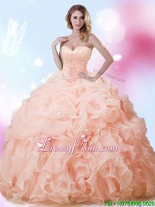 High Class Orange Sleeveless With Train Beading and Ruffles and Pick Ups Lace Up Sweet 16 Dresses