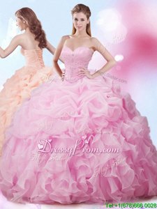 Rose Pink Organza Lace Up Quinceanera Dress Sleeveless With Brush Train Beading and Ruffles and Pick Ups