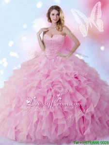 Classical Beading and Ruffles Sweet 16 Quinceanera Dress Rose Pink Lace Up Sleeveless Floor Length