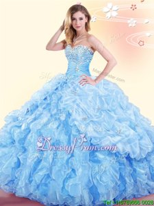Chic Baby Blue Ball Gowns Organza Sweetheart Sleeveless Beading and Ruffles and Pick Ups Floor Length Lace Up Ball Gown Prom Dress